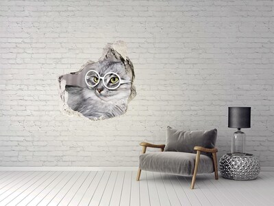 Wandaufkleber Loch 3D Katze mit Brille durch ein Loch in der Wand