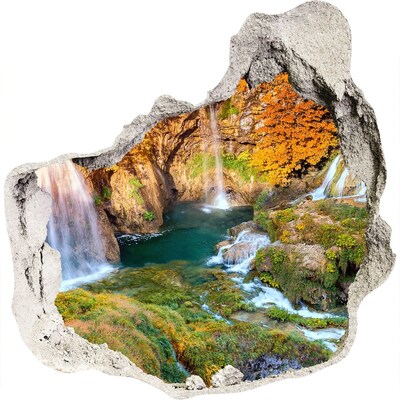 Wandaufkleber Loch 3D Wasserfälle in der Herbstlandschaft