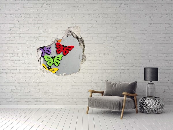 Wandaufkleber Loch 3D Bunte Schmetterlinge in einem Loch in der Wand