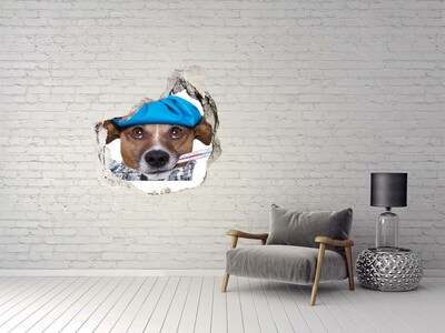 Wandaufkleber Loch 3D Kranker Hund mit Hut