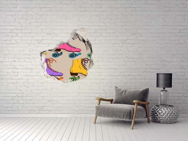 Wandtattoos Loch in der Wand Bunte Rollschuhe in einem Loch in der Wand