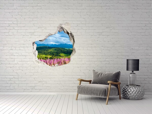 3D Wanddurchbruch Aufkleber Berglandschaft mit Blumen