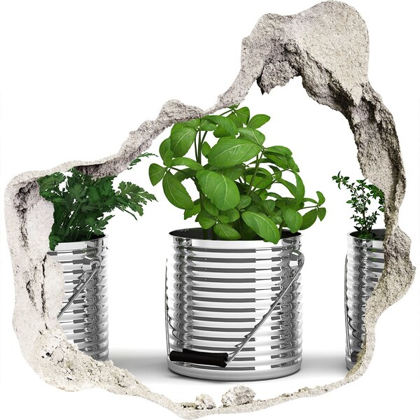 Wandaufkleber Loch 3D Grüner Garten in Metalltöpfen