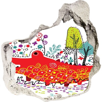 3D Wanddurchbruch Aufkleber Krokodil in einer farbenfrohen Landschaft