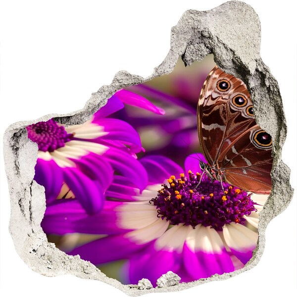 Wandaufkleber Loch 3D Schmetterling auf Blumen in einem Loch in der Wand