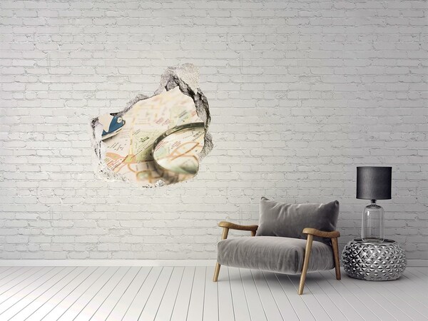 Mauerdurchbruch Aufkleber Karte mit Lupe in einem Loch in der Wand