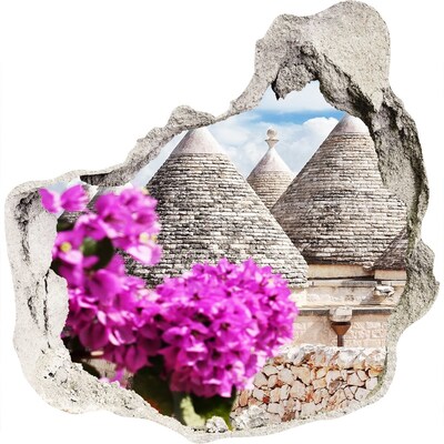 3D Wanddurchbruch Aufkleber Trulli in Apulien mit Blumen