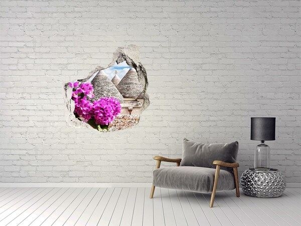 3D Wanddurchbruch Aufkleber Trulli in Apulien mit Blumen