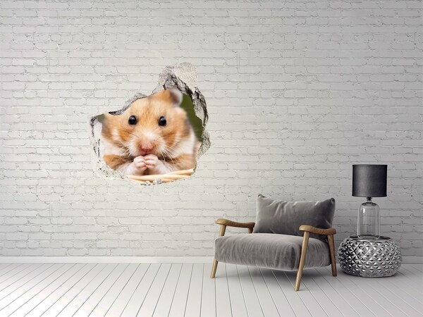 Wandaufkleber Loch 3D Hamster in einem durchsichtigen Loch in der Wand