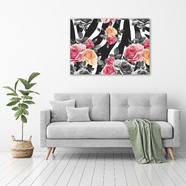 Bild auf Acrylglas Rosen vor Zebra-Hintergrund