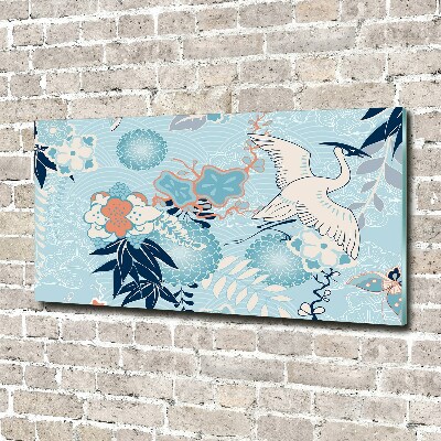 Foto auf Acryl Kranich und Blumen