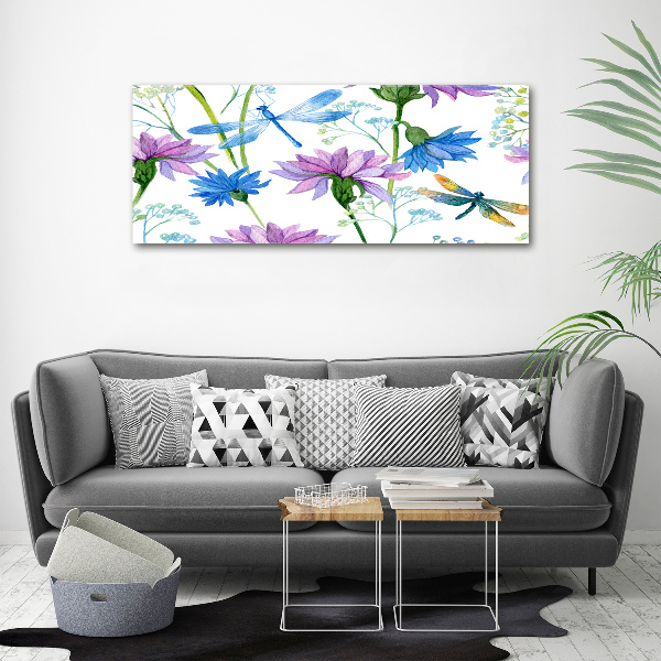 Acrylbild Fotodruck Blumen und Libellen