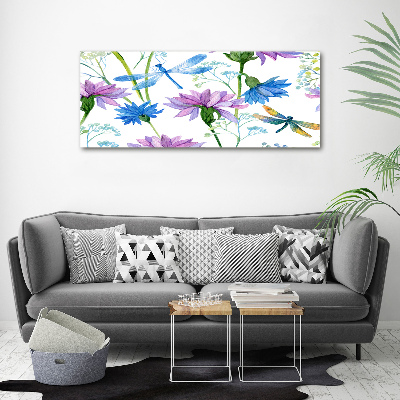 Acrylbild Fotodruck Blumen und Libellen