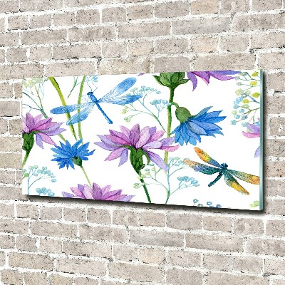 Acrylbild Fotodruck Blumen und Libellen