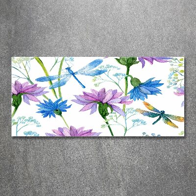 Acrylbild Fotodruck Blumen und Libellen