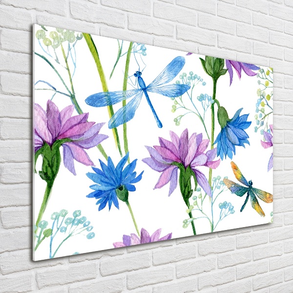 Acrylbild Fotodruck Blumen und Libellen