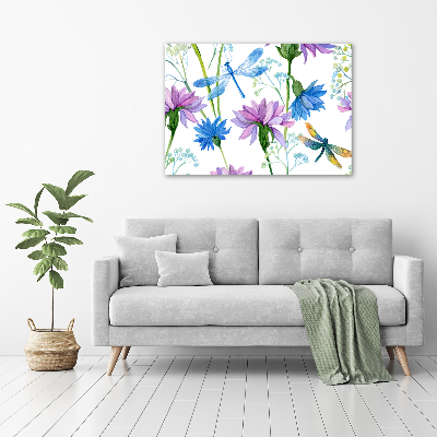 Acrylbild Fotodruck Blumen und Libellen