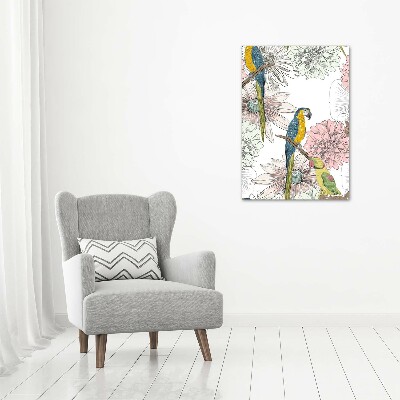 Modernes Acrylbild vertikal Papageien und Blumen