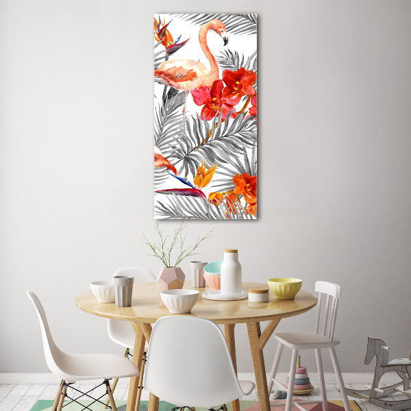 Bild auf Acrylglas vertikal Flamingos und Blumen