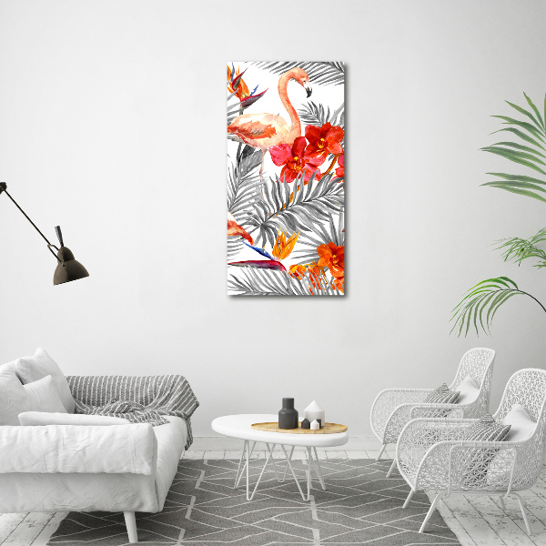 Bild auf Acrylglas vertikal Flamingos und Blumen