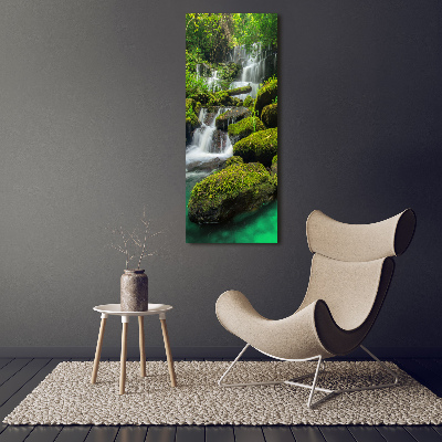 Modernes Acrylbild vertikal Wasserfall im Dschungel