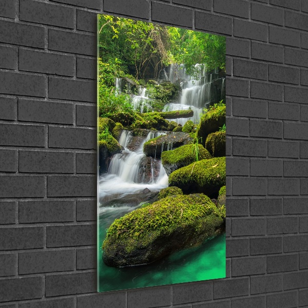 Modernes Acrylbild vertikal Wasserfall im Dschungel