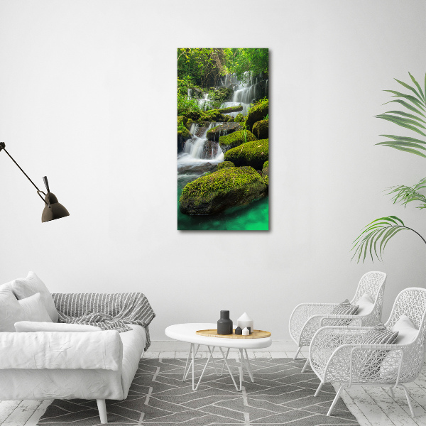 Modernes Acrylbild vertikal Wasserfall im Dschungel