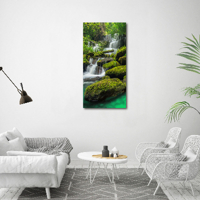 Modernes Acrylbild vertikal Wasserfall im Dschungel