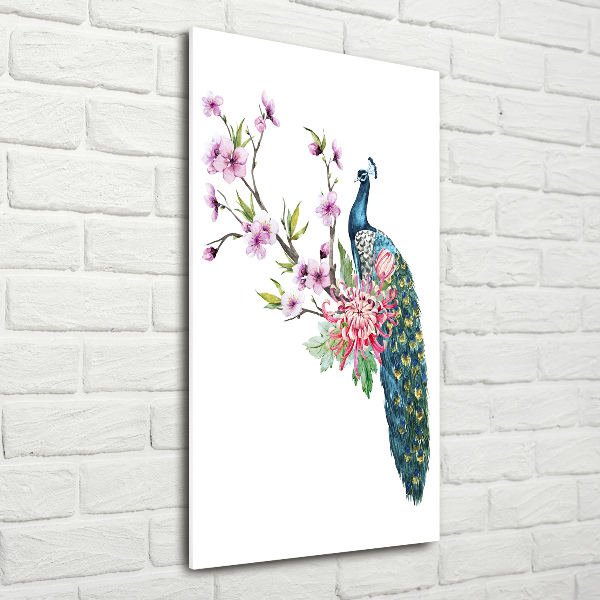 Bild auf Acrylglas vertikal Pfau und Blumen