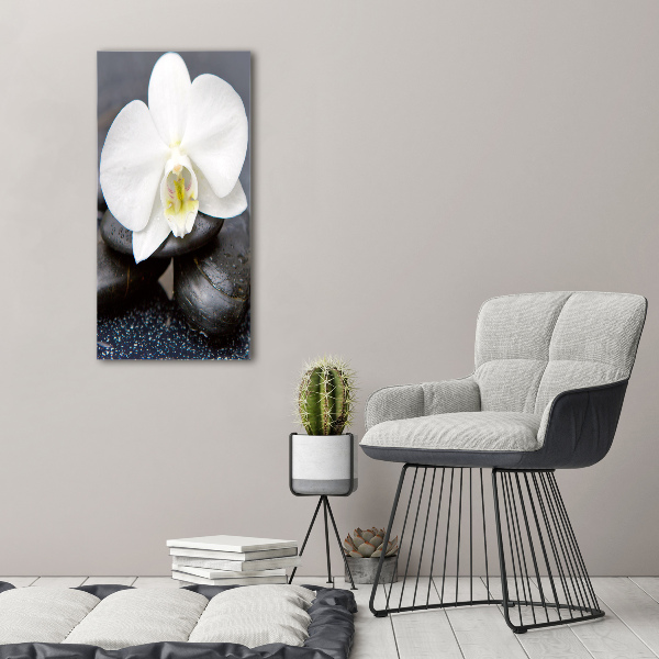 Modernes Acrylbild vertikal Orchidee und Steine