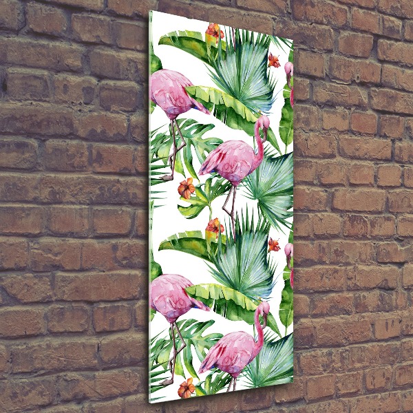 Modernes Acrylbild vertikal Blätter und Flamingos
