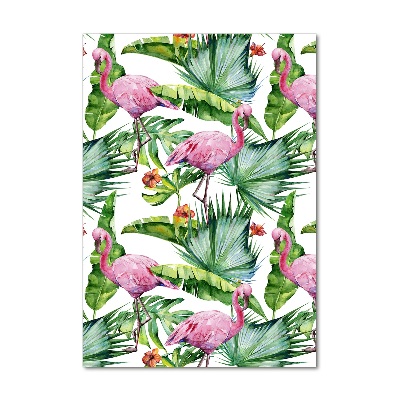 Modernes Acrylbild vertikal Blätter und Flamingos