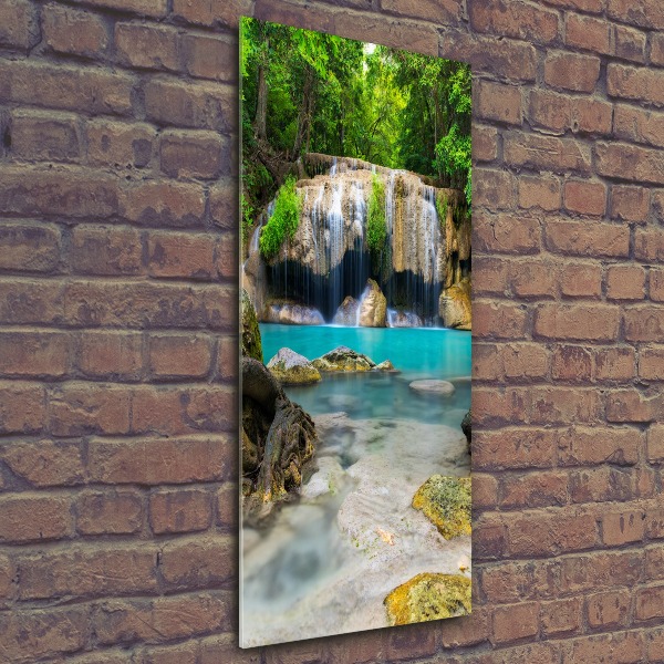 Modernes Acrylbild vertikal Wasserfall im Dschungel