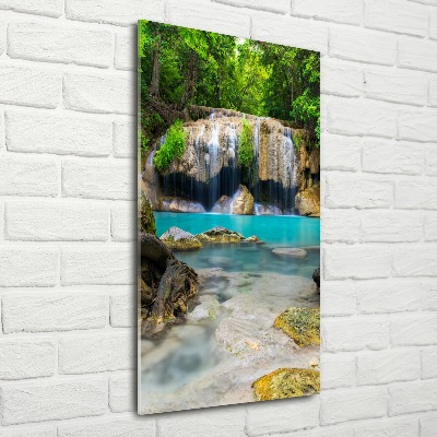 Modernes Acrylbild vertikal Wasserfall im Dschungel
