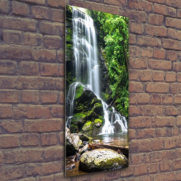 Modernes Acrylbild vertikal Wasserfall im Dschungel