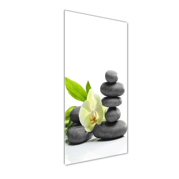 Modernes Acrylbild vertikal Orchidee und Steine