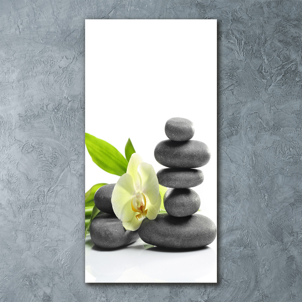 Modernes Acrylbild vertikal Orchidee und Steine