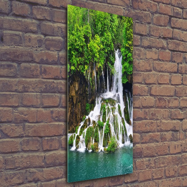 Modernes Acrylbild vertikal Wasserfall im Wald