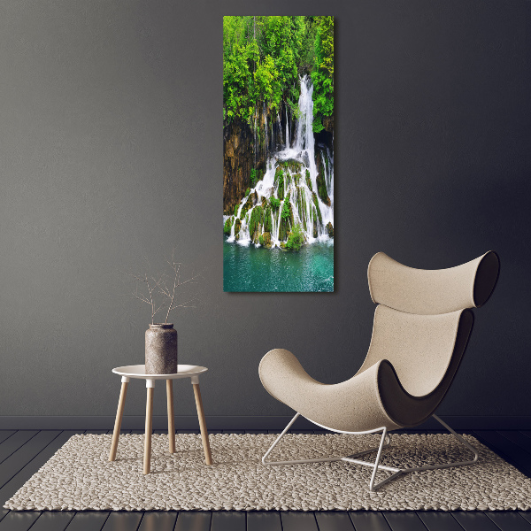 Modernes Acrylbild vertikal Wasserfall im Wald