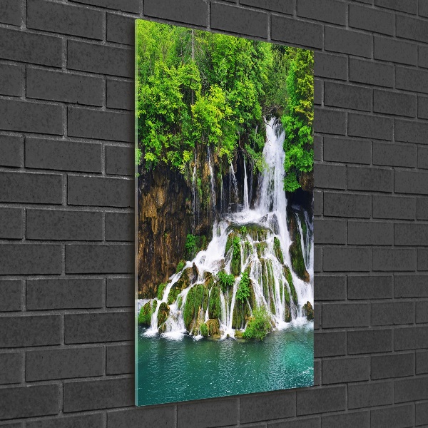 Modernes Acrylbild vertikal Wasserfall im Wald