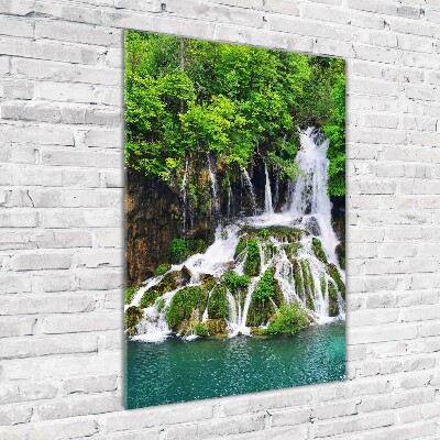 Modernes Acrylbild vertikal Wasserfall im Wald