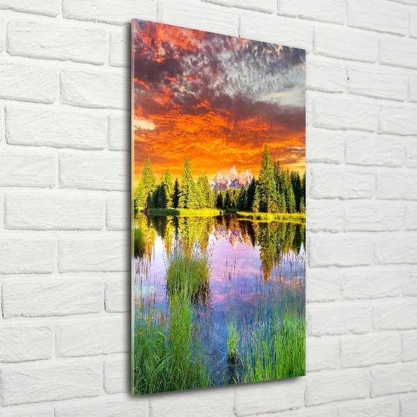 Modernes Acrylbild vertikal See im Wald