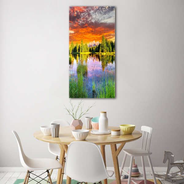 Modernes Acrylbild vertikal See im Wald
