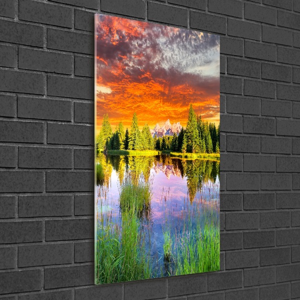 Modernes Acrylbild vertikal See im Wald