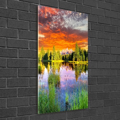 Modernes Acrylbild vertikal See im Wald