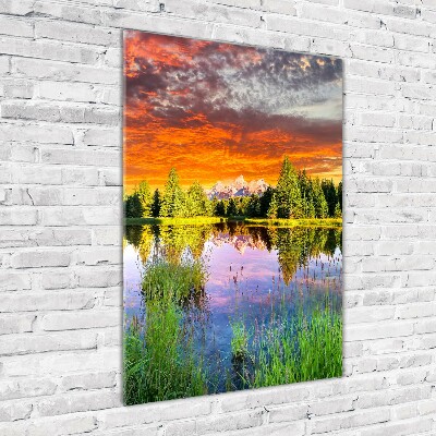 Modernes Acrylbild vertikal See im Wald