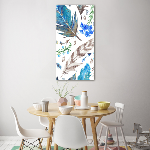 Modernes Acrylbild vertikal Federn und Blumen