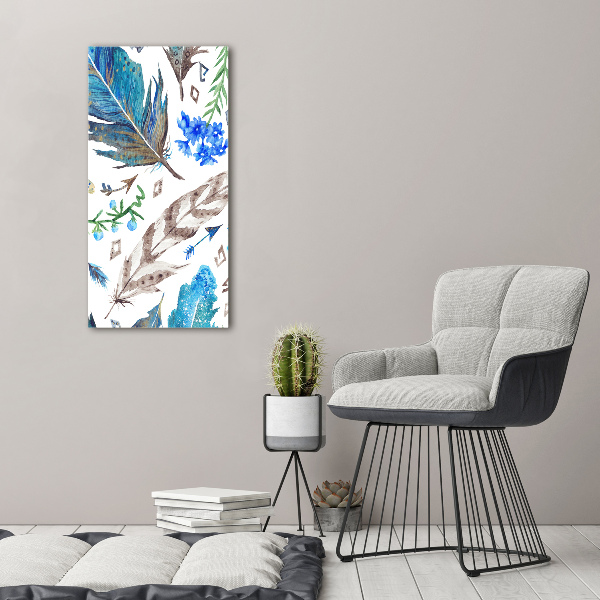 Modernes Acrylbild vertikal Federn und Blumen