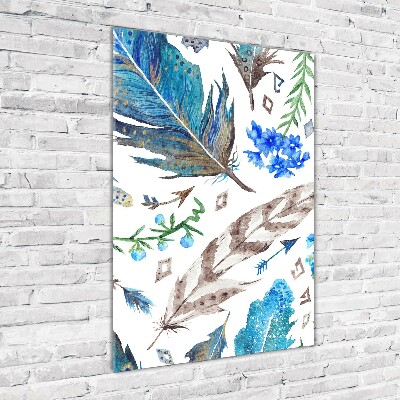 Modernes Acrylbild vertikal Federn und Blumen