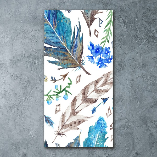 Modernes Acrylbild vertikal Federn und Blumen